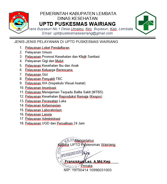 Jenis Pelayanan UPTD Puskesmas Wairiang